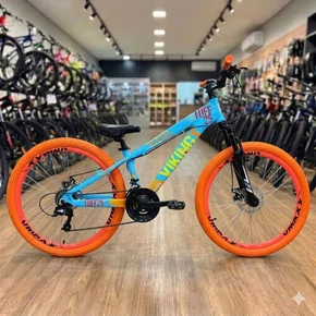Bicicleta Viking Aro 26 Dirt JTuff25 21V Freio Disco Azul com Laranja e Amarelo