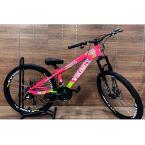 Bicicleta Viking Aro 26 Dirt JTuff25 21V Freio Disco Rosa com Branco e Verde