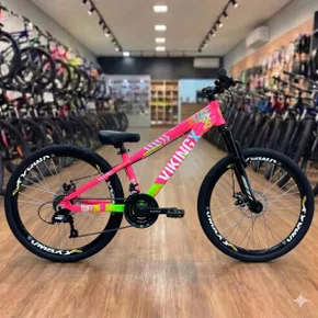 Bicicleta Viking Aro 26 Dirt JTuff25 21V Freio Disco Rosa com Branco e Verde