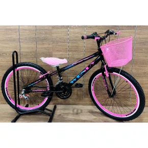 Bicicleta Wendy Aro 24 18M Feminina Com Cesta Preto com Rosa e Azul