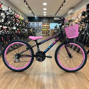 Bicicleta Wendy Aro 24 18M Feminina Com Cesta Preto com Rosa e Azul