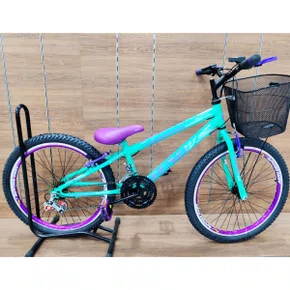 Bicicleta Wendy Aro 24 18M Feminina Com Cesta Verde Aniz com Violeta