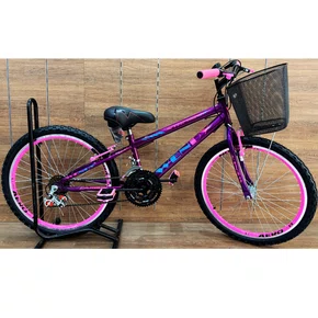 Bicicleta Wendy Aro 24 18M Feminina com Cesta Violeta com Rosa
