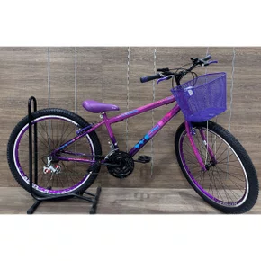 Bicicleta Wendy Aro 26 18 Marchas Rebaixado com Cesta Pink com Violeta